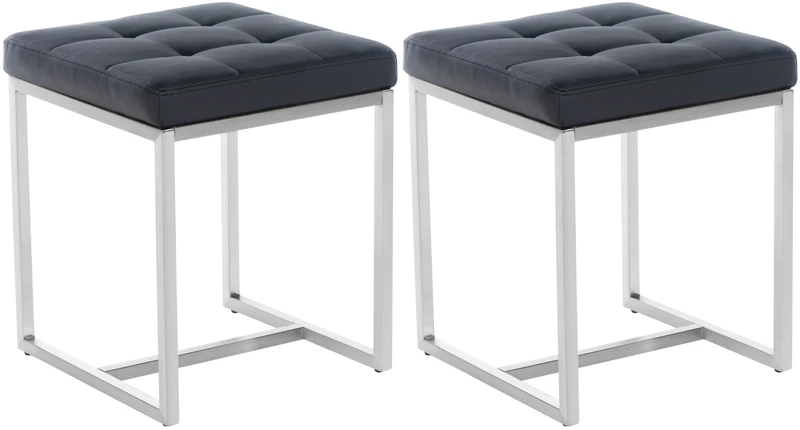 Lot de 2 tabourets bas repose-pieds poufs forme carrée en PVC noir et acier inoxydable 10_0004469