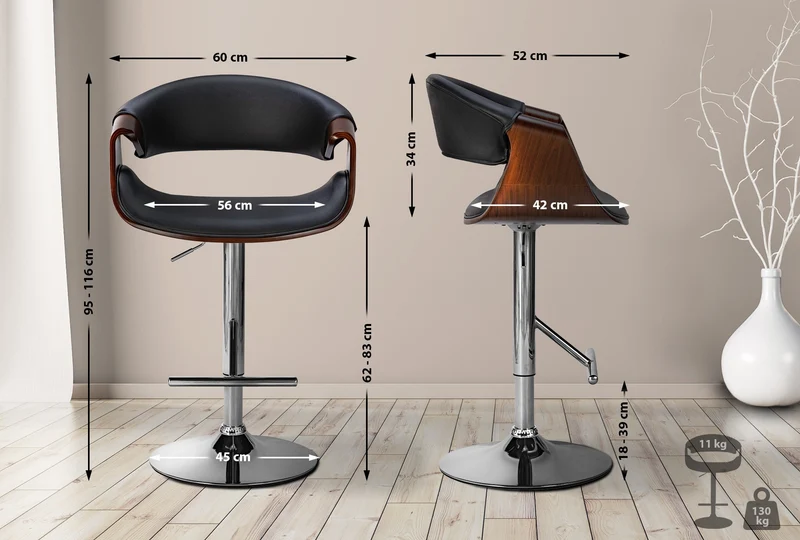 Lot de 2 tabourets de bar style moderne rétro en PVC noir bois couleur noyer cadre en métal 10_0006216
