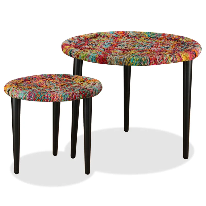 Lot de 2 tables d'appoint de salon design moderne en tissés chindi multicolore et acier DEC037035