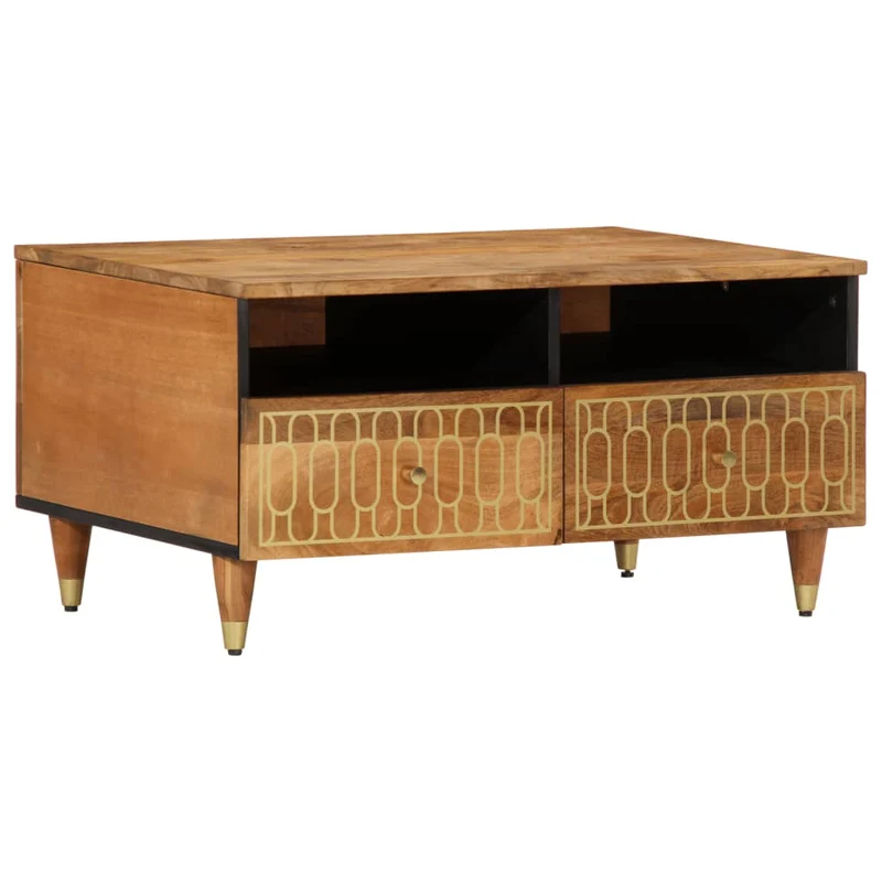 Table basse de salon avec tiroirs design rustique 80 x 54 x 40 cm bois de manguier massif marron et fer DEC037176