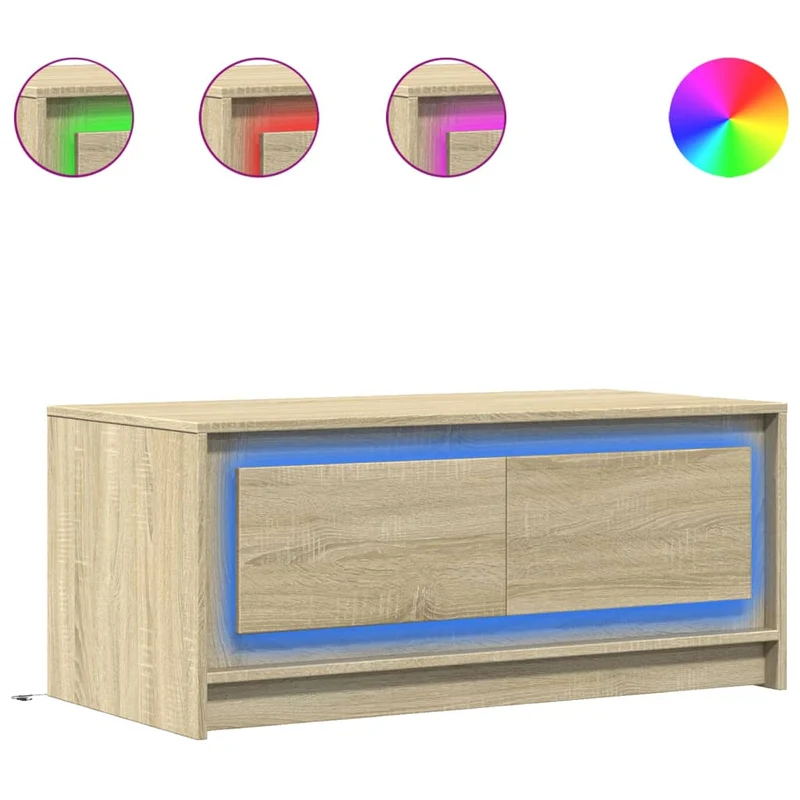 Table basse de salon design moderne avec lumières LED en bois d'ingénierie couleur chêne DEC037655