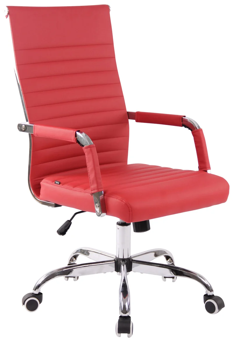 Fauteuil de bureau sur roulettes confortable hauteur réglable en synthétique rouge cadre métal chromé BUR10574