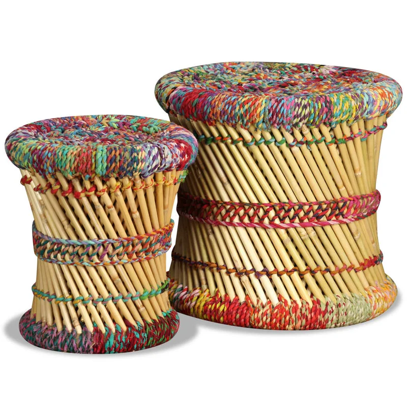 Lot de 2 tabourets assise poufs avec détails chindi en bambou multicolore DEC026382
