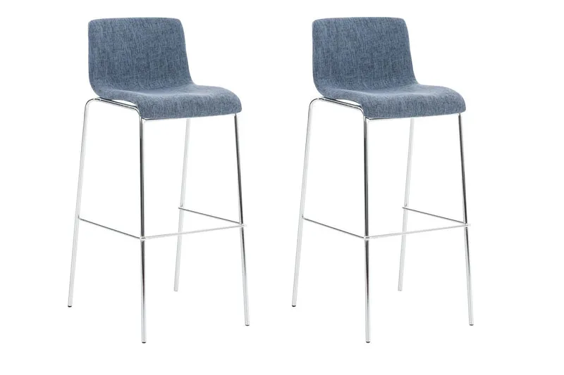 Lot de 2 tabourets de bar avec repose-pieds dossier incurvé en tissu bleu et 4 pieds en métal chromé 10_0004191