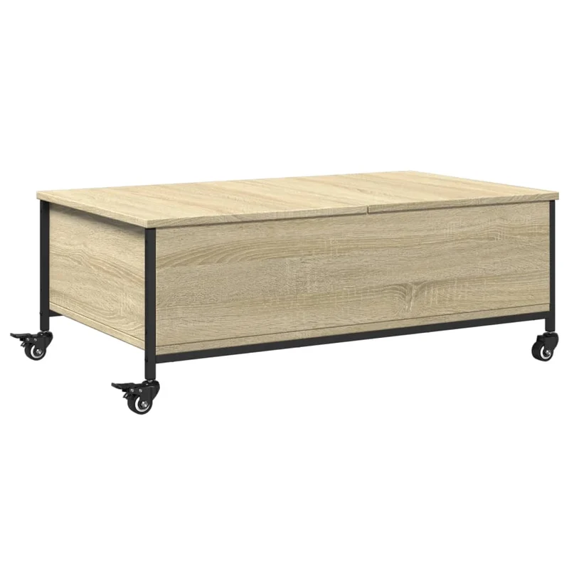 Table basse de salon sur roulettes avec espace de rangement en bois d'ingénierie couleur chêne et acier DEC037747