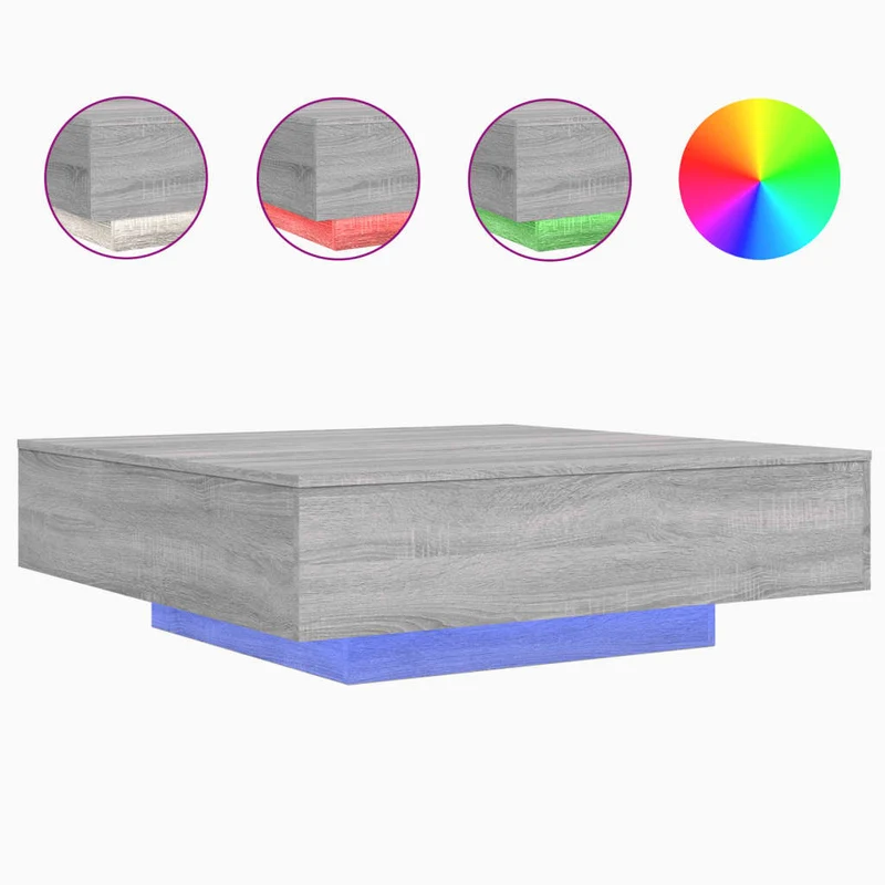Table basse de salon design moderne avec lumières LED 100 x 100 x 31 cm bois d'ingénierie gris DEC037688