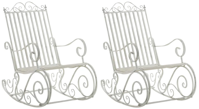 Lot de 2 fauteuils à bascule pour extérieur avec accoudoirs en métal blanc vieilli 10_0002844