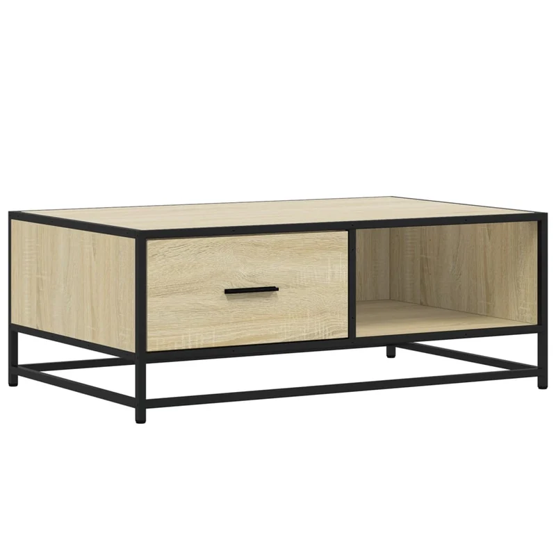 Table basse avec tiroir et compartiment ouvert design industriel 90 x 57 x 35 cm bois d'ingénierie couleur chêne et métal DEC039068