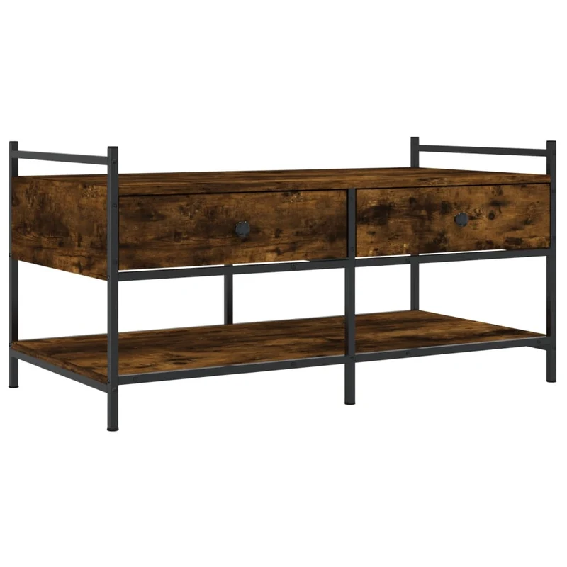 Table basse avec tiroirs et étagère design industriel 99 x 50 x 50 cm bois d'ingénierie marron et métal DEC038563