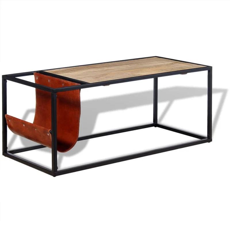 Table basse de salon design moderne avec porte-revues 110 x 50 x 45 cm cuir véritable marron et acier DEC037721