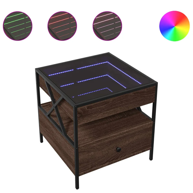 Table basse de salon avec tiroir et étagère design moderne avec LED 50 x 50 x 51 cm bois d'ingénierie verre et métal DEC037556