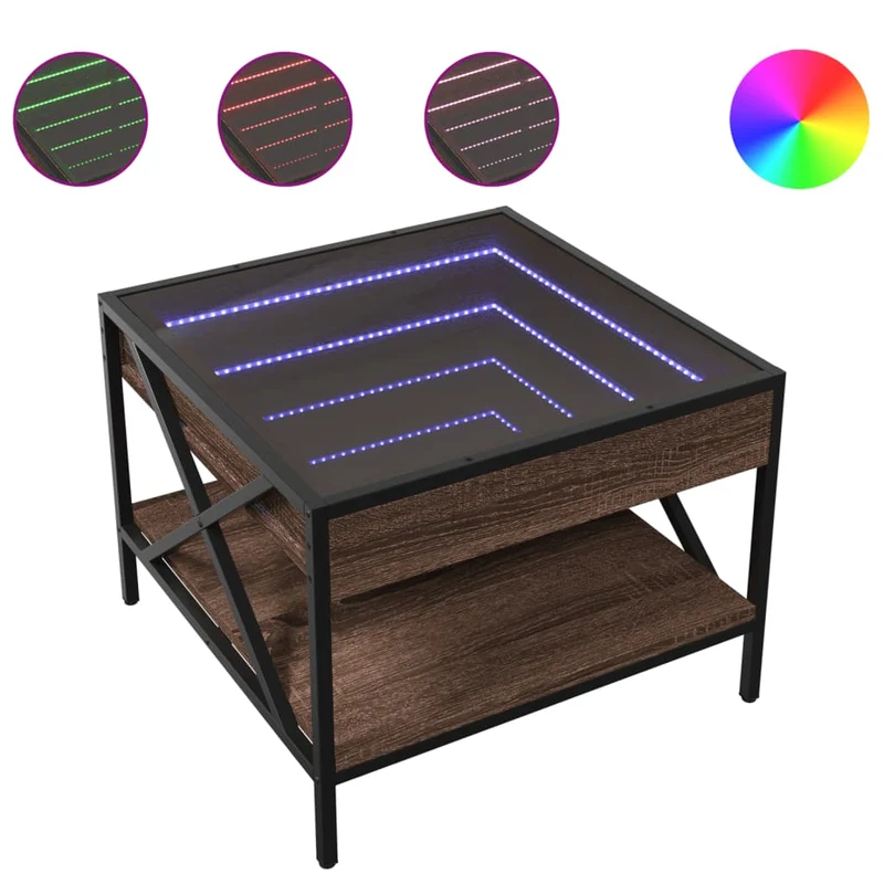 Table basse de salon avec étagère design moderne avec LED 50 x 50 x 38 cm bois d'ingénierie marron verre et métal DEC037554