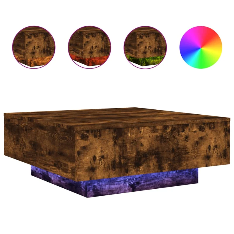 Table basse de salon design moderne avec lumières LED 80 x 80 x 31 cm bois d'ingénierie marron DEC037621