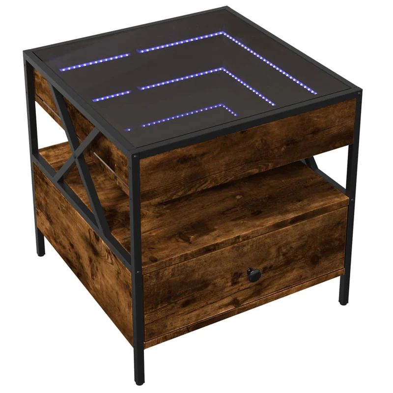 Table de chevet avec tiroir et étagère design moderne avec LED 50 x 50 x 51 cm bois d'ingénieri marron verre et métal DEC037548