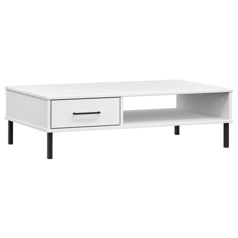 Table basse de salon design moderne avec pieds en métal tiroir et compartiment ouvert bois pin blanc DEC037709
