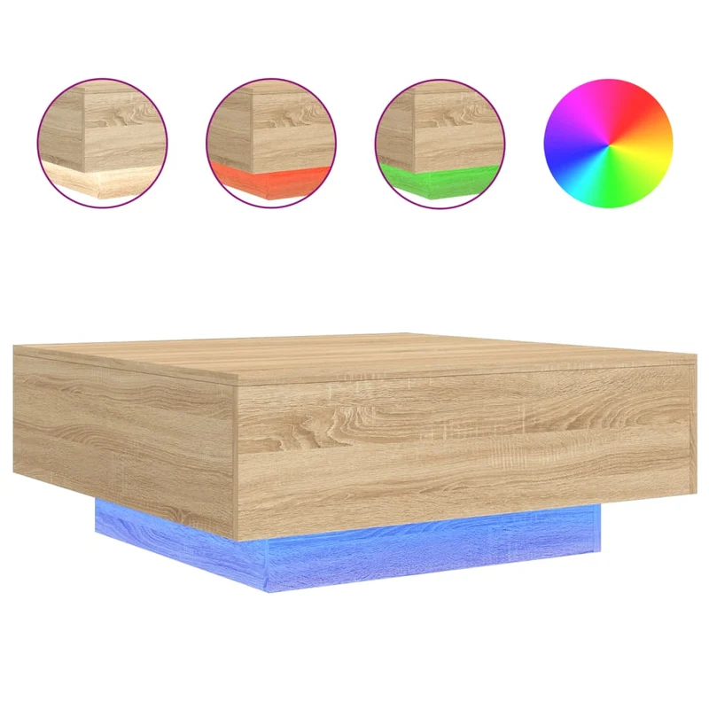Table basse de salon design moderne avec lumières LED 80 x 80 x 31 cm bois d'ingénierie couleur chêne DEC037649