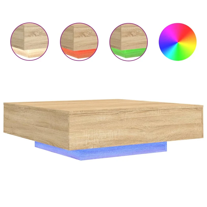 Table basse de salon design moderne avec lumières LED 100 x 100 x 31 cm bois d'ingénierie couleur chêne DEC037643
