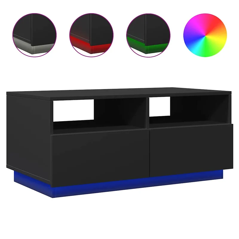 Table basse de salon avec tiroir design moderne avec lumières LED 90 x 49 x 40 cm bois d'ingénierie noir DEC037682