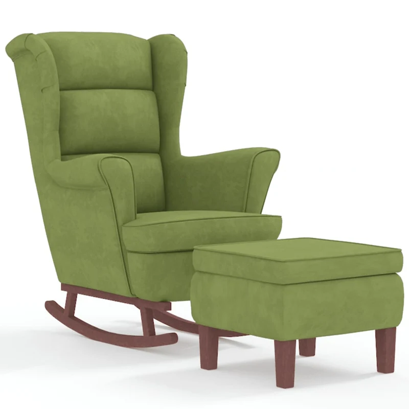 Fauteuil à bascule d'allaitement rembourré relax pour salon avec pieds en bois et repose-pieds tissu vert clair vert DEC028768