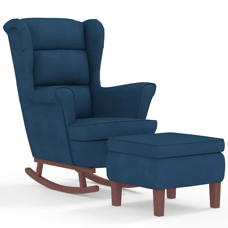 Fauteuil à bascule d'allaitement rembourré relax pour salon avec pieds en bois et repose-pieds en velours bleu DEC028750