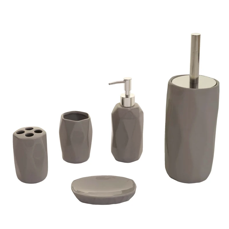 Ensemble de salle de bain 5 pièces brosse à dents savon porte-brosse WC accessoires en céramique gris 04_0004843