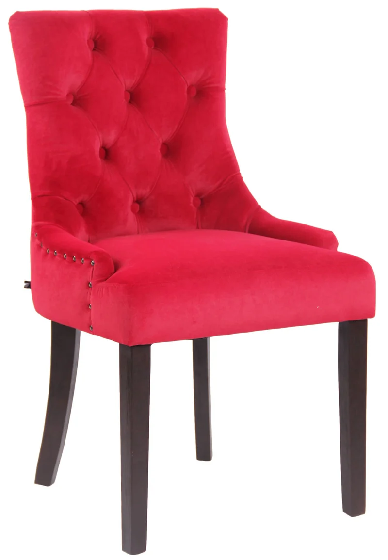 Chaise de salle à manger coutures décoratives et boutons asssise en velours rouge et peids en bois foncé 10_0001929