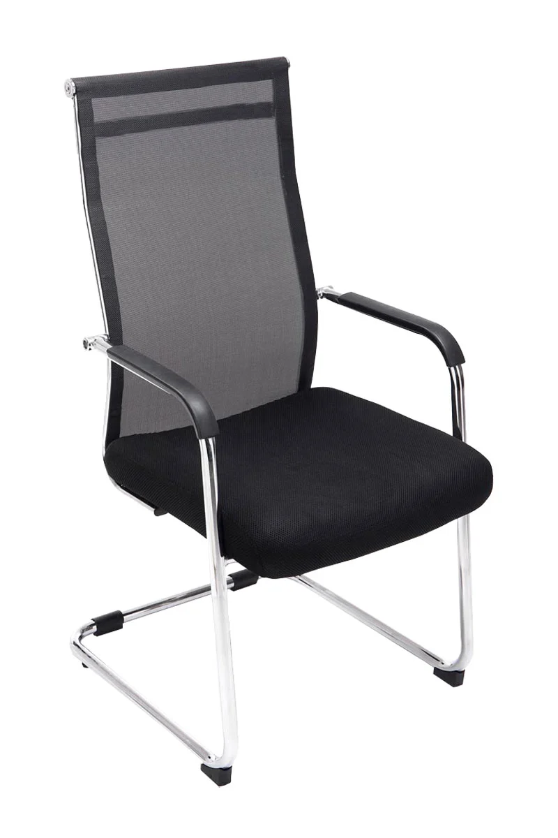 Chaise de bureau fauteuil visiteur sans roulettes dossier haut en tissu maille noir et métal chromé 10_0003318
