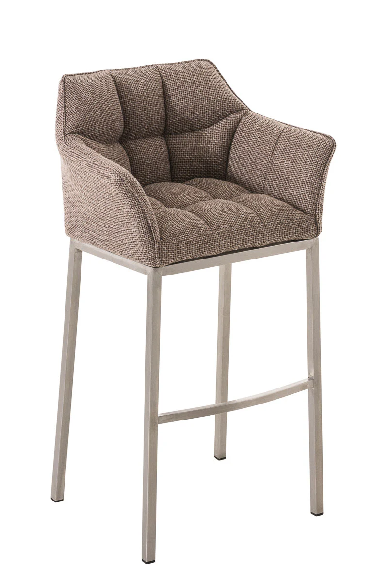 Tabouret de bar chaise haute de comptoir couture carrées assise en tissu marron clair 4 pieds stables en acier inoxydable 10_0004725