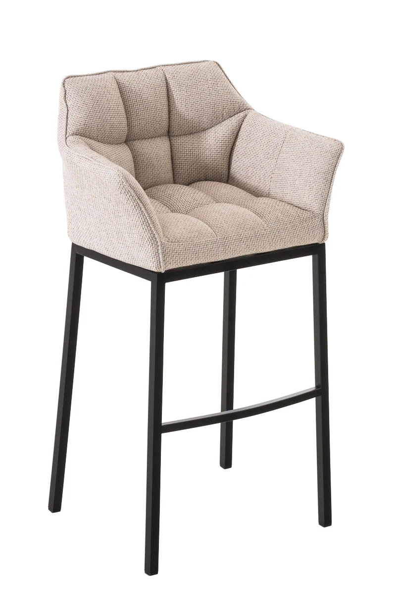 Tabouret de bar chaise haute de comptoir couture carrées assise en tissu crème 4 pieds stables en métal noir 10_0004703