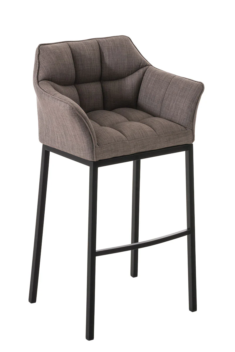 Tabouret de bar chaise haute de comptoir couture carrées assise en tissu gris 4 pieds stables en métal noir 10_0004704