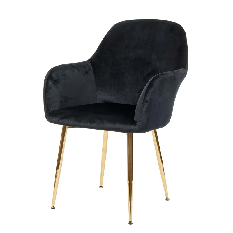 Chaise de salle à manger design rétro en tissu velours noir pieds métal dorés 04_0002224