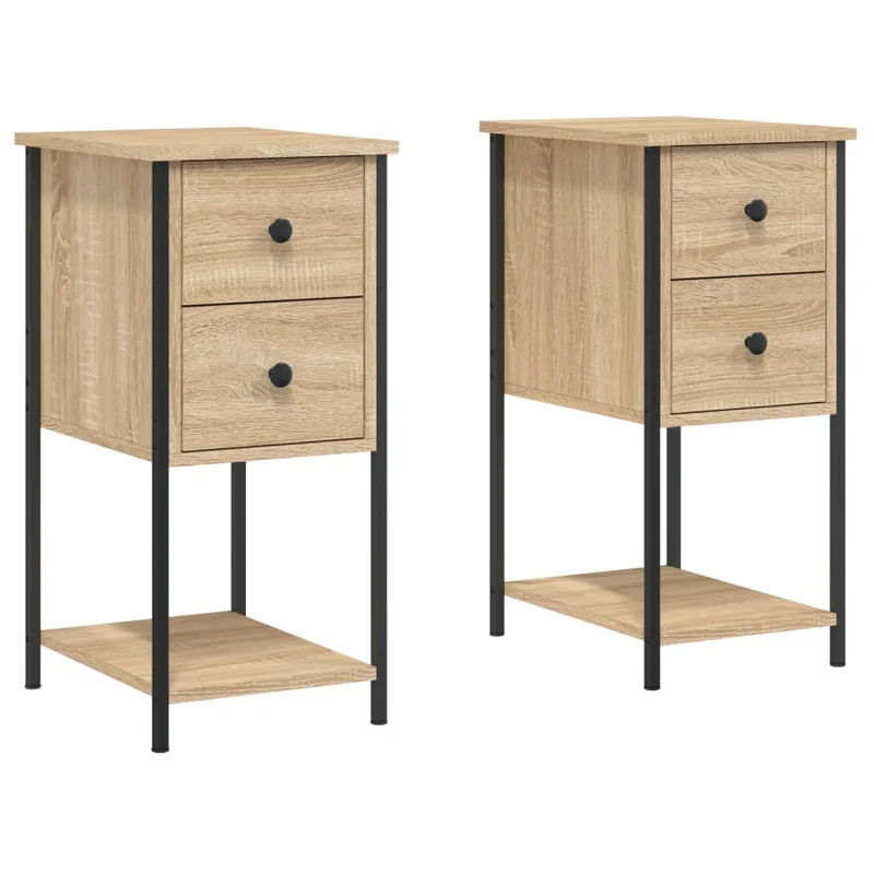 Lot de 2 tables de chevet avec deux tiroirs 32 x 42 x 70cm bois d'ingénierie couleur chêne et fer DEC035868