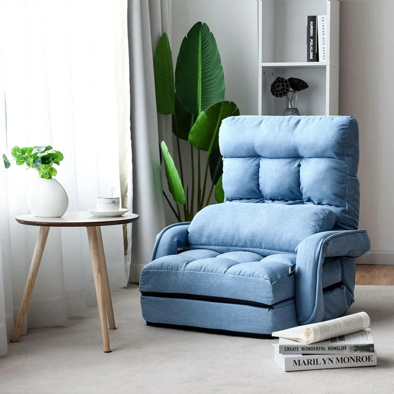 Fauteuil convertible chauffeuse convertible 1 place en tissu avec oreiller 5 positions bleu 20_0000627