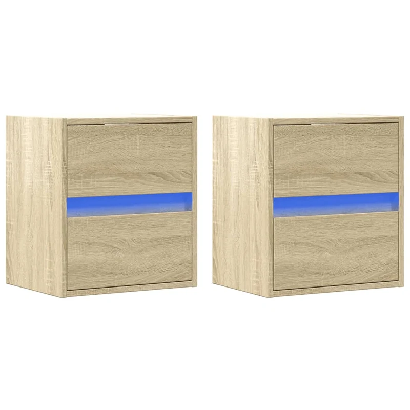 Lot de 2 tables de chevet murales avec lumières LED bois d'ingénierie couleur chêne DEC036146