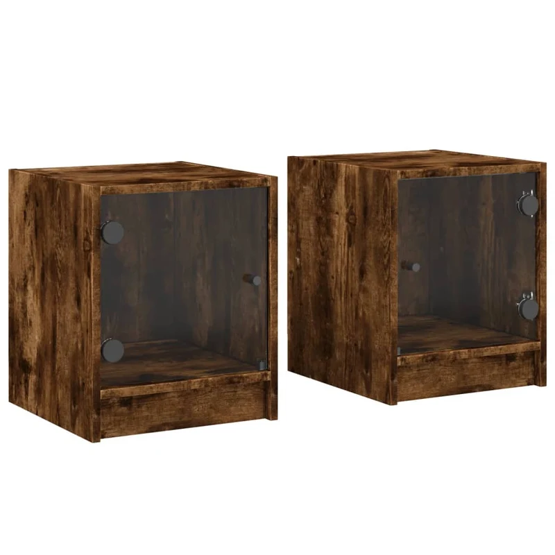 Lot de 2 tables de chevet avec portes vitrées 35 x 37 x 42 cm bois d'ingénierie marron et verre DEC035975