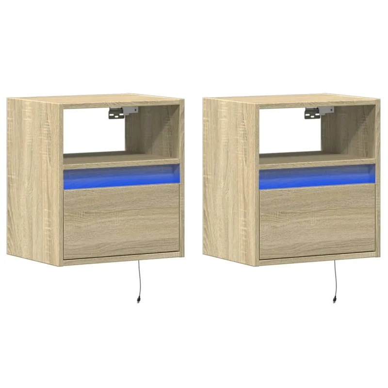 Lot de 2 tables de chevet murales avec lumières LED bois d'ingénierie couleur chêne DEC036148