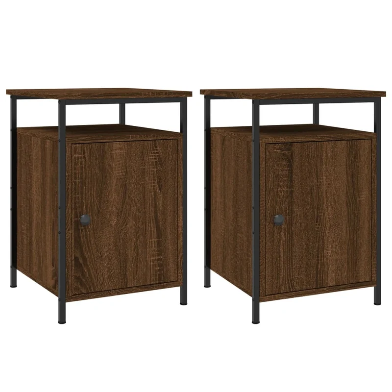 Lot de 2 tables de chevet avec compartiment avec porte 40 x 42 x 60cm bois d'ingénierie marron et fer DEC035865
