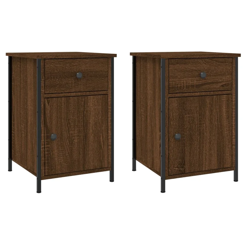 Lot de 2 tables de chevet avec tiroir et compartiment avec porte 40 x 42 x 60cm bois d'ingénierie marron et fer DEC035862