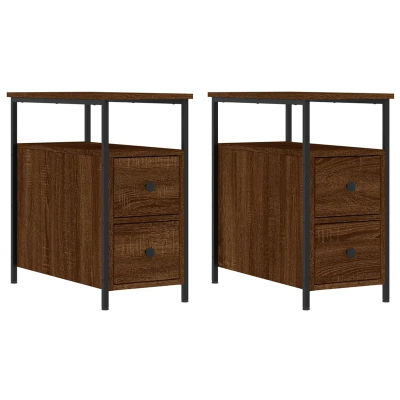 Lot de 2 tables de chevet avec tiroirs et étagère 30 x 60 x 60cm bois d'ingénierie marron et fer DEC035822