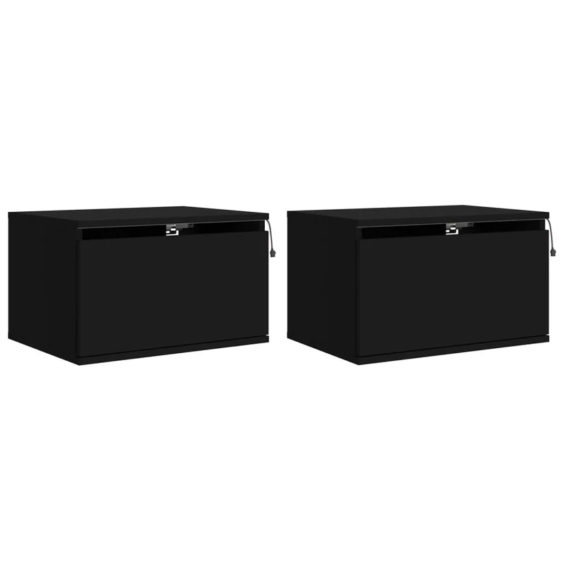 Lot de 2 tables de chevet murales avec lumières LED et tiroir 50 x 36 x 30 cm en bois d'ingénierie noir DEC036160
