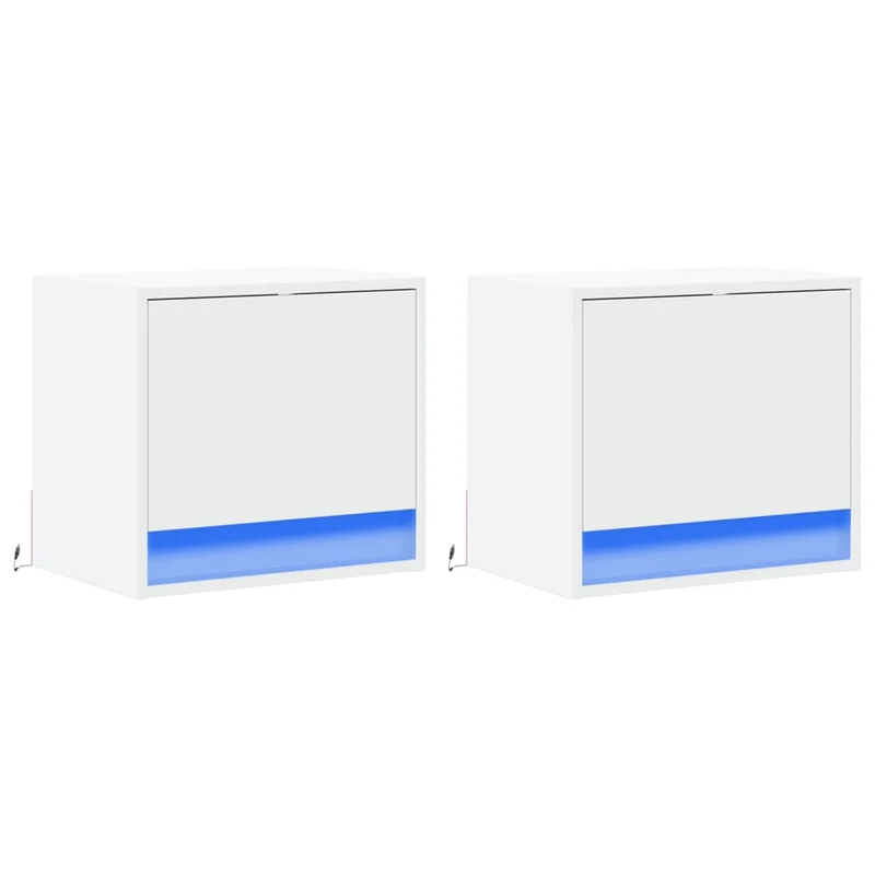 Lot de 2 tables de chevet murales avec lumières LED et compartiment avec porte bois d'ingénierie blanc DEC036125