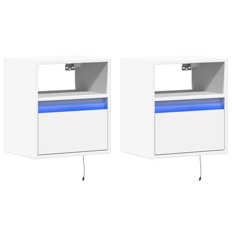 Lot de 2 tables de chevet murales avec lumières LED tiroir en bois d'ingénierie blanc DEC036124