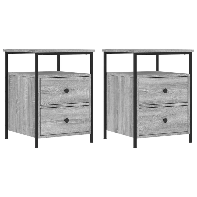 Lot de 2 tables de chevet avec deux tiroirs et étagère 44 x 45 x 60cm bois d'ingénierie gris et fer DEC035743