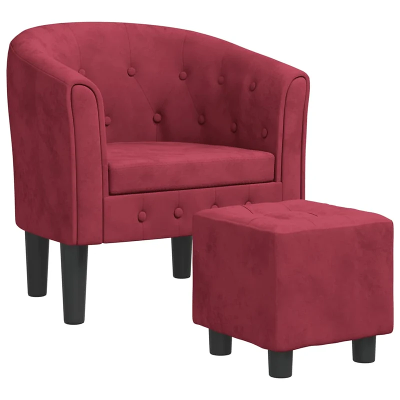 Fauteuil lounge design moderne avec repose-pieds en velours rouge bordeaux DEC026844