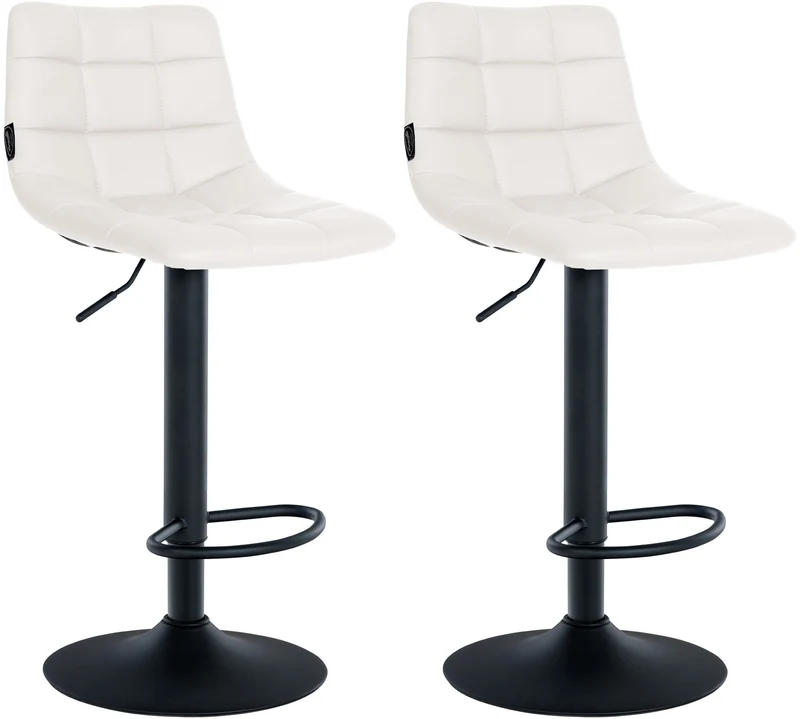 Lot de 2 tabourets de bar en synthétique blanc base métal noir mat réglable en hauteur et repose-pieds TDB10638