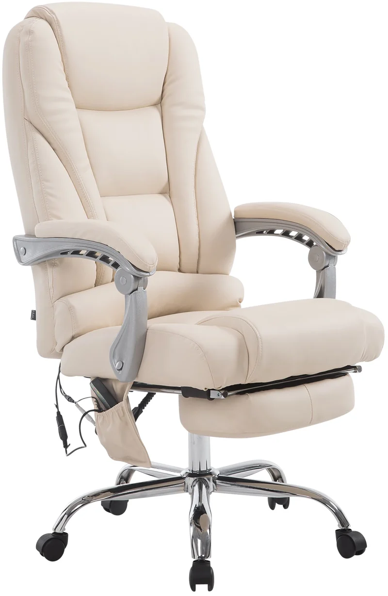Fauteuil de bureau avec fonction massage repose-pieds dossier inclinable en PVC crème 10_0002583