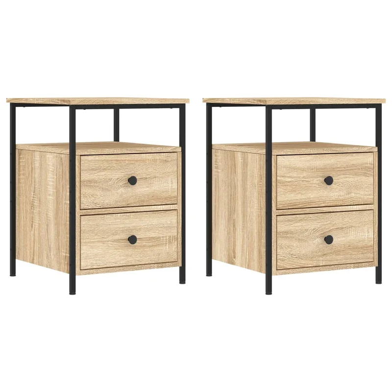 Lot de 2 tables de chevet avec tiroirs et étagère 44 x 45 x 60cm bois d'ingénierie couleur chêne et fer DEC035893