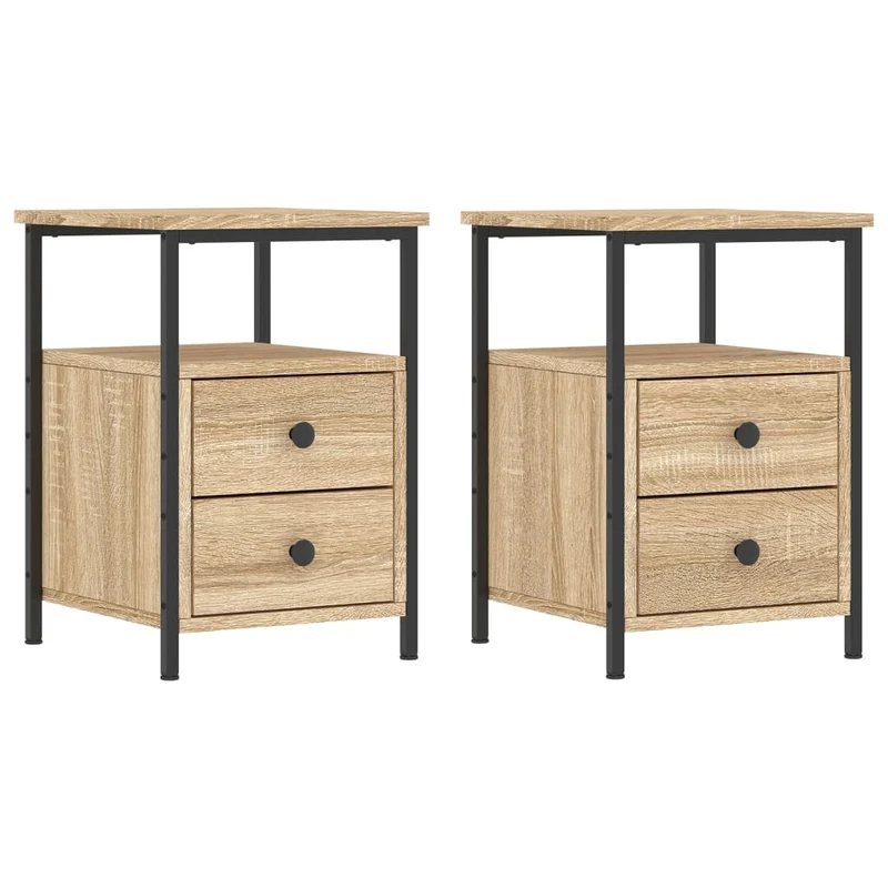 Lot de 2 tables de chevet avec tiroirs et étagère 34 x 35,5 x 50cm bois ingénierie couleur chêne et fer DEC035870