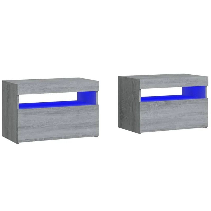 Lot de 2 tables de chevet avec lumières LED et compartiment de rangement 60 x 35 x 40 cm bois d'ingénierie gris DEC035307