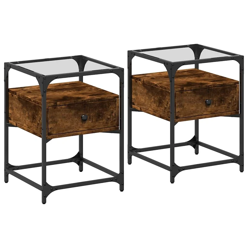 Lot de 2 tables de chevet avec tiroir 40 x 40 x 55 cm bois d'ingénierie marron acier et verre DEC035125
